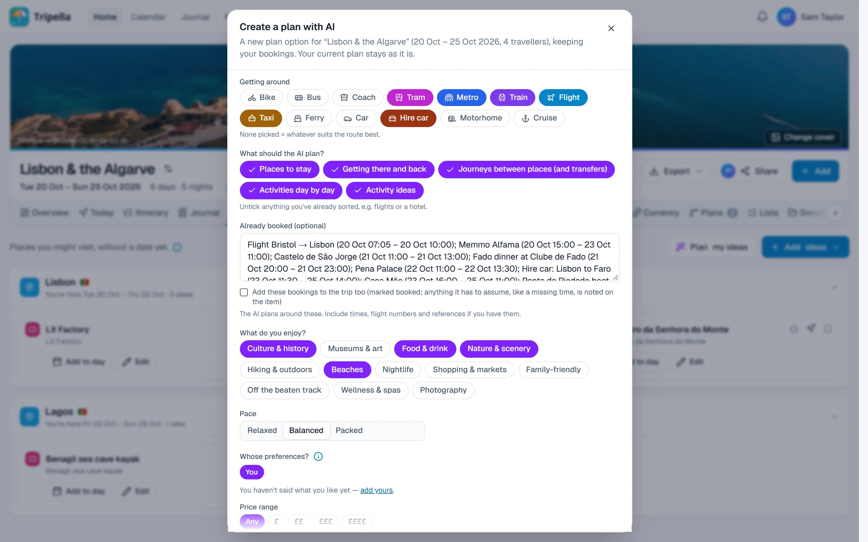 Create a plan with AI: chips for getting around, what to plan and what you enjoy, around the bookings already made