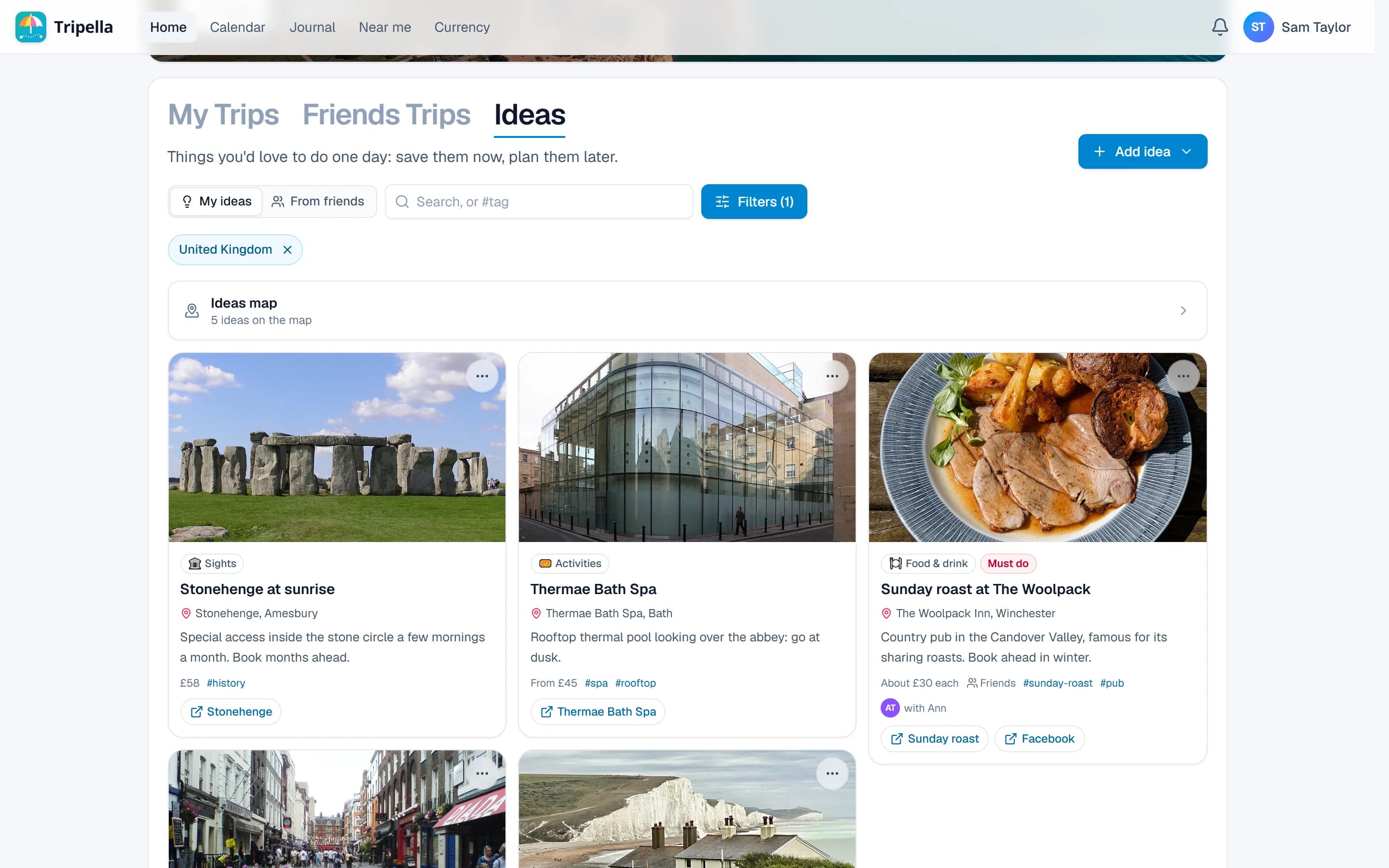 Sam's ideas: a map of England with pins, and cards for Stonehenge at sunrise, Thermae Bath Spa and a Sunday roast