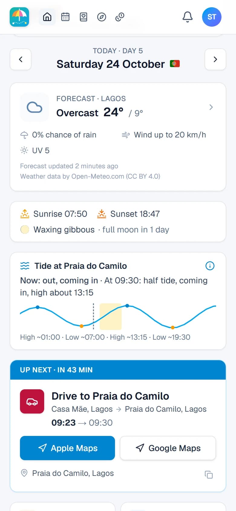 Today's forecast, tide and what's up next on a phone